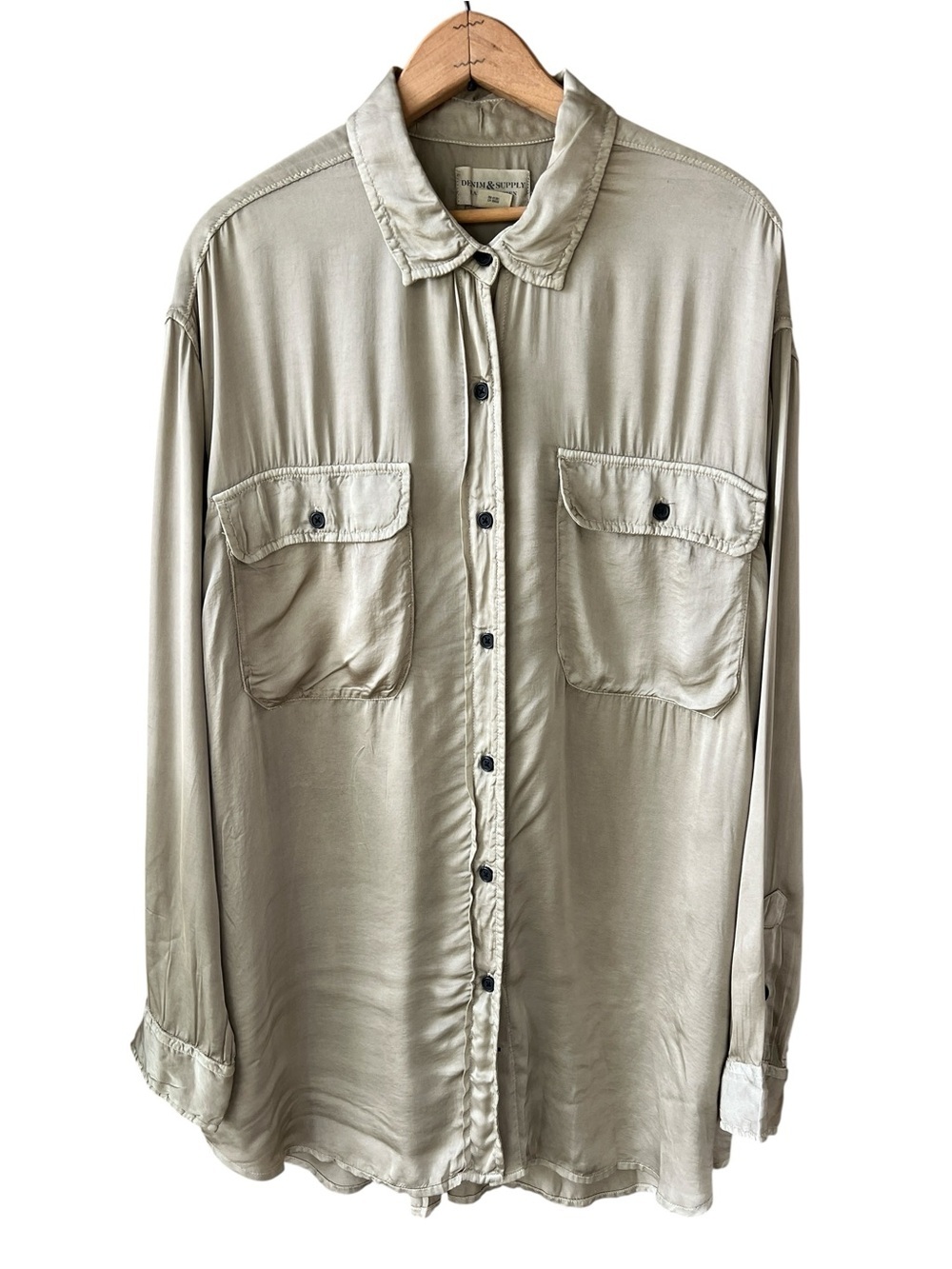 Denim & Supply Ralph Lauren Women’s L Button-Up Shirt in Light Taupe Satin